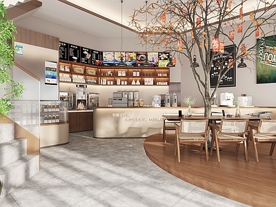 现代奶茶咖啡店 备餐区 收银 双层