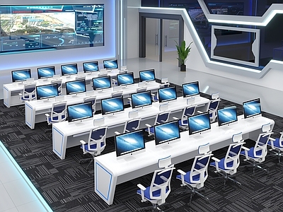 现代指挥控制室 盆栽 科技感电脑模型