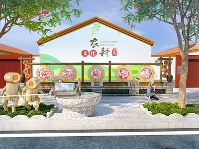 现代乡村广场景观 景墙矮篱 乡村景观小品 墙体彩绘 农耕景观小品 石磨 石碾