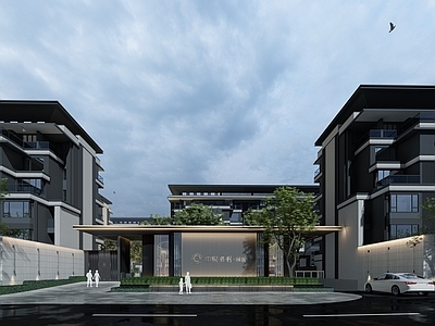 现代小区入口大门 儿童健身活动 水景 户外座椅