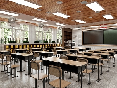 现代学校教室 小学教室 课桌椅 黑板
