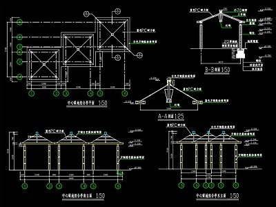 三联排四角亭廊详图 施工图