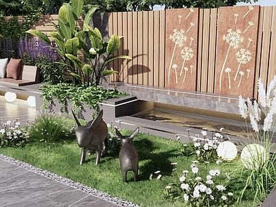 现代居家庭院 户外桌椅 花草植物 雕塑小品 廊架花架 景墙 平视 凉亭