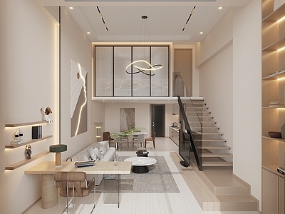 现代公寓 奶油风loft公寓 橱柜 鞋柜 挂画 墙饰 吊灯 书桌 沙发 餐桌组合 一字型公寓