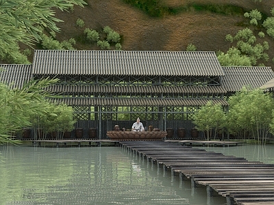 中式古建 喝茶老人 竹子 木桥 坛子 莲花座