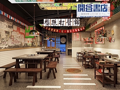 工业风复古港式火锅店 港式灯牌灯箱 餐桌椅 复古墙饰摆件