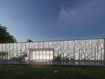 现代售楼处建筑 穿孔格栅板 方形