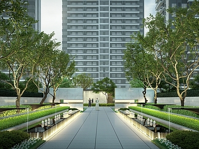 新中式小区景观 中轴 对称水景 住宅
