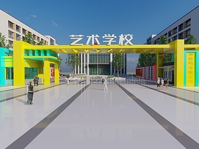 现代校园入口大门 艺术学校 校园文化广场 文化景墙 升旗台