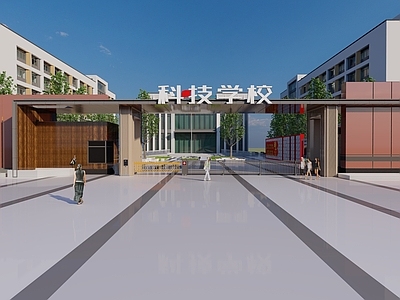 现代校园入口大门 校园文化广场 文化景墙 升旗台
