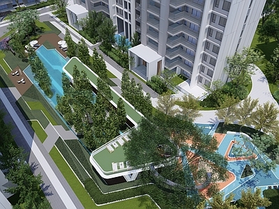 现代折线小区景观 水院构架 儿童区 住宅景观