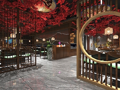 新中式火锅店 红树叶顶 桌椅组合 前台