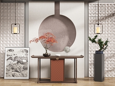 新中式端景条案 端台 盆景 国画