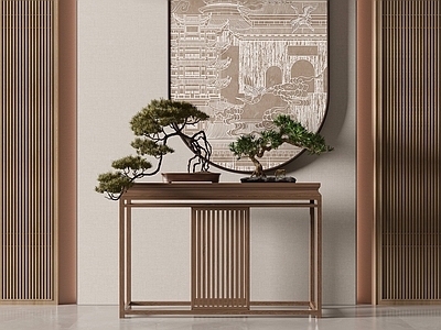 新中式端景条案 端台 盆景 松树