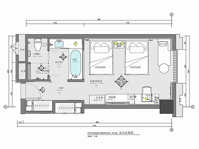 希尔顿酒店标准双床房室内 施工图