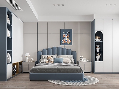 现代男孩儿童房 儿童房 男孩房 床头柜 台灯 陈设 玩具