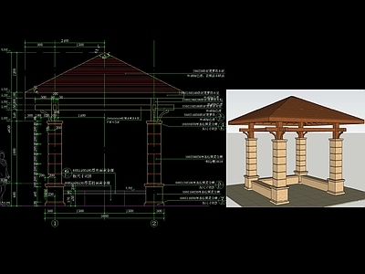 欧式木屋顶四角亭详图 施工图