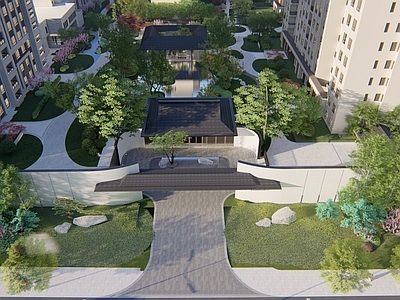 新中式小区景观 住宅景观