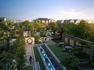 现代小区景观 别墅中心 庭院花园 住宅
