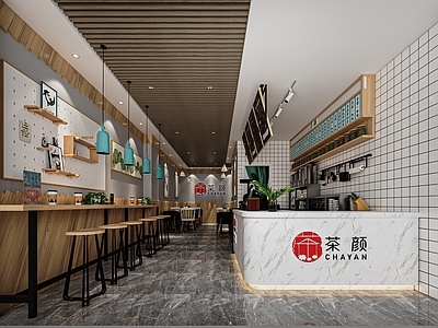 现代奶茶店 面包店 吧台 收银台 后厨设备 休闲桌椅