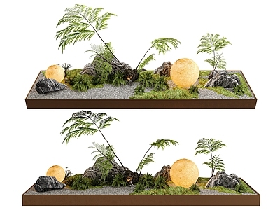 现代景观造景 青苔 植物 石头 月球灯