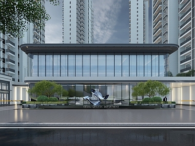 现代售楼处建筑 入口 水景 方形