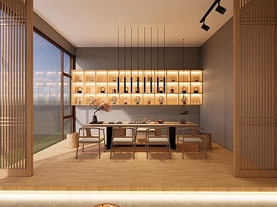 日式茶馆 茶室 吊灯 展示柜