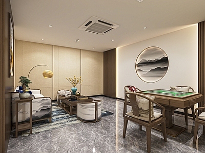 新中式棋牌室 麻将室 多功能室 娱乐室 单椅 装饰柜