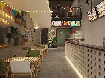 工业露营风奶茶店 备餐区 收银 双层