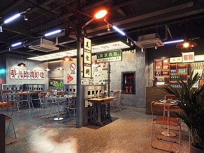工业风火锅店 餐椅 收银台 酒水柜 灯箱