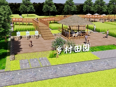 现代乡村农场公园景观 稻田水稻 木栈道 茅草亭 田园农业 农耕插秧节