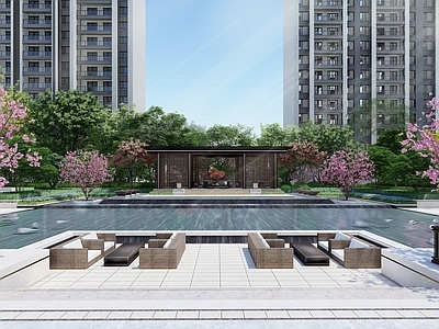 现代小区景观 中轴水景 会客厅 儿童游乐 住宅