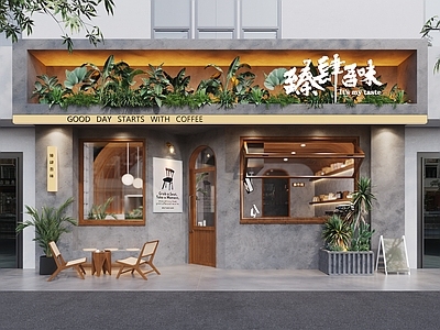 现代咖啡厅门头 微水泥墙面 藤椅 仙人掌 外摆 咖啡店门头