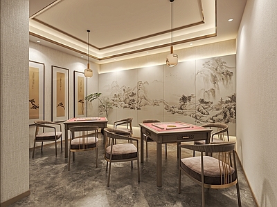 新中式棋牌室包厢 麻将室 多功能室 娱乐室 麻将桌 单椅 装饰柜