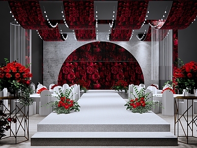 现代酒店宴会厅 玫瑰主题婚礼美陈 红玫瑰 婚礼花艺美陈 水晶吊灯 布幔