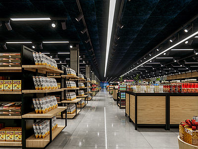现代大型商业超市 零食区 水果区 日用品区 熟食区 冷藏冰箱 商品货架