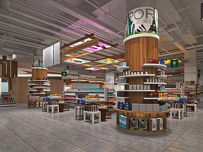 现代超市 食品区 进口食品区 超市货架 展柜 堆头