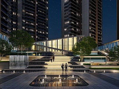 现代小区景观 入口 廊架 鹤雕塑 住宅