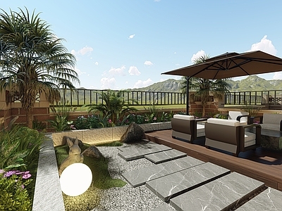 风格建筑 绿化小院 遮阳伞 室外桌椅