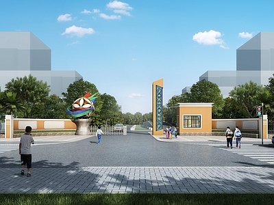 现代大学入口大门 保安岗亭 民族风格学校大门 学校入口