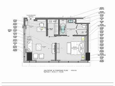 65㎡酒店客房大床房套房室内 施工图