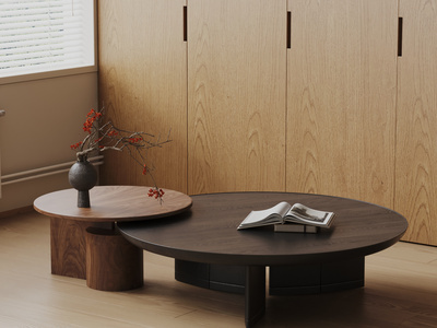 侘寂风茶几 实木 圆形 子母形 圆茶几