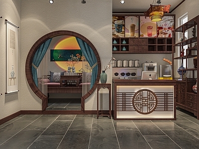 新中式奶茶店 备餐区 单层 收银