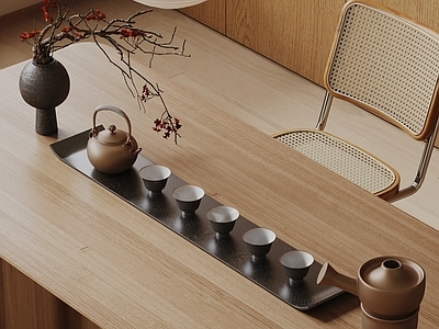 茶具摆件 茶壶 茶杯 烧水壶 干枝花瓶 摆设品