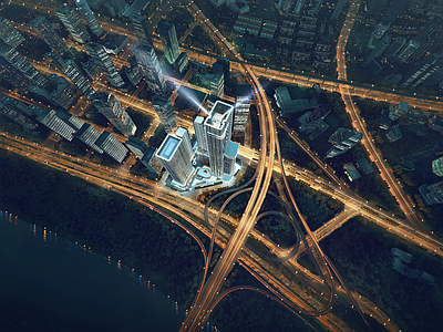 现代鸟瞰图规划 夜景鸟瞰 超高层办公楼