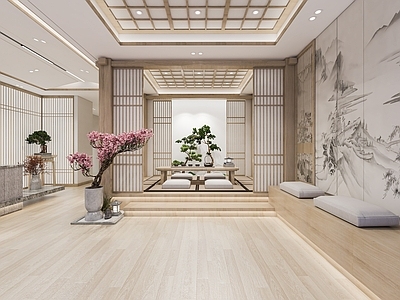 新中式美容SPA店 亭台 屏风 绿植 装饰品 茶台 包间 前台