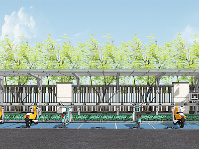 现代电动车停车棚 停车位自行车 户外停车场