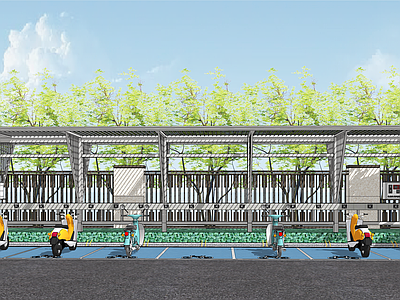 现代电动车停车棚 停车位 自行车 户外停车场