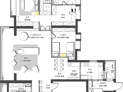 华侨城平层家装平面图  三室一厅 彩平图