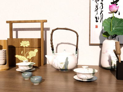 禅意茶具组合 茶壶茶杯 茶桌摆设 盖碗茶 插花 食盒 荷花花纹